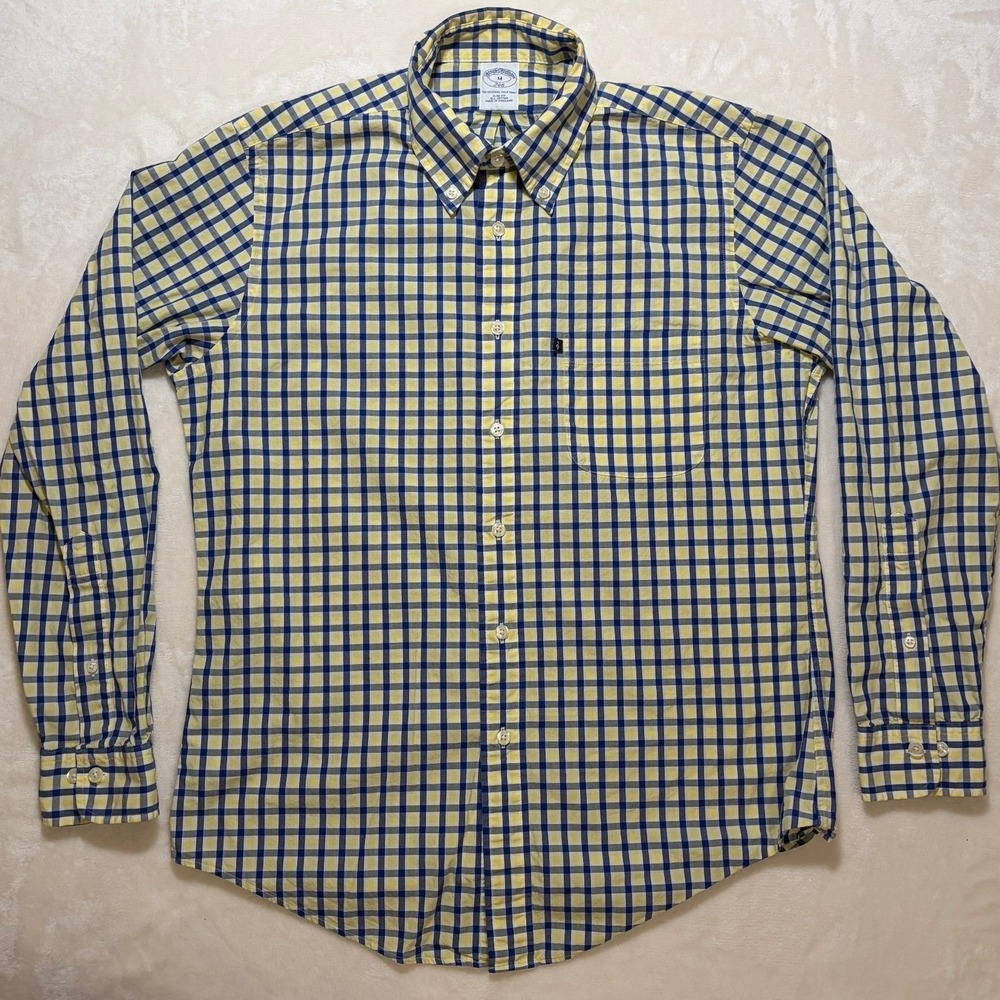Brooks Brothers Yellow Blue Gingham Slim Fit Button Down Shirt Mens M Excellent